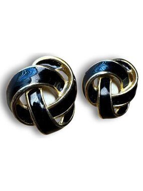 Vintage 1980s Black Enamel and Gold Tone Knot Clip On Earrings 1.25 Inch Stateme